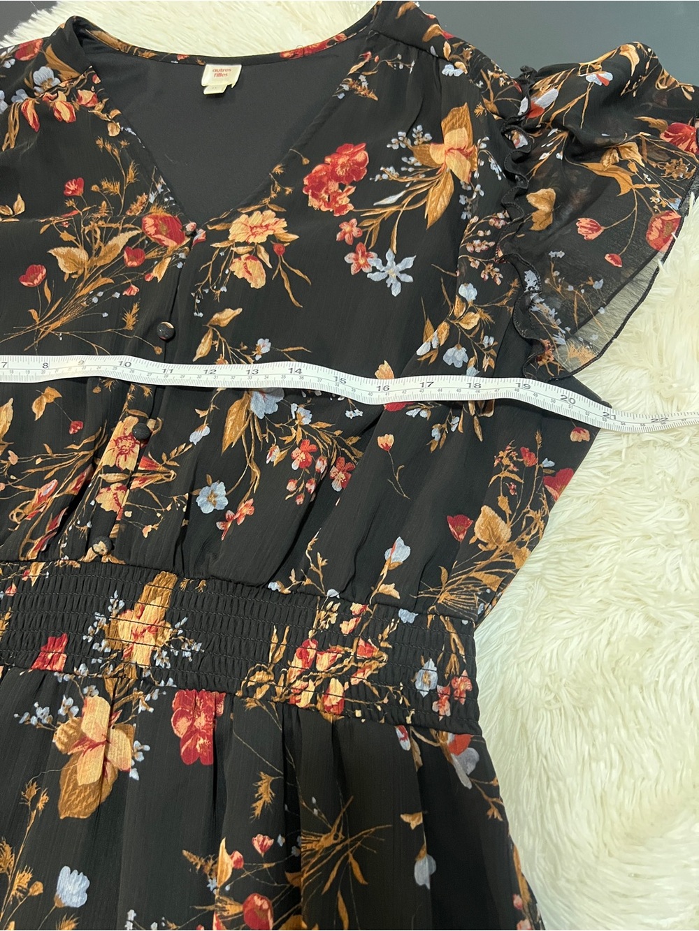 🍂 Black Fall Floral V‑Neck Smocked Waist Maxi Dress- 1x - Picture 8 of 10
